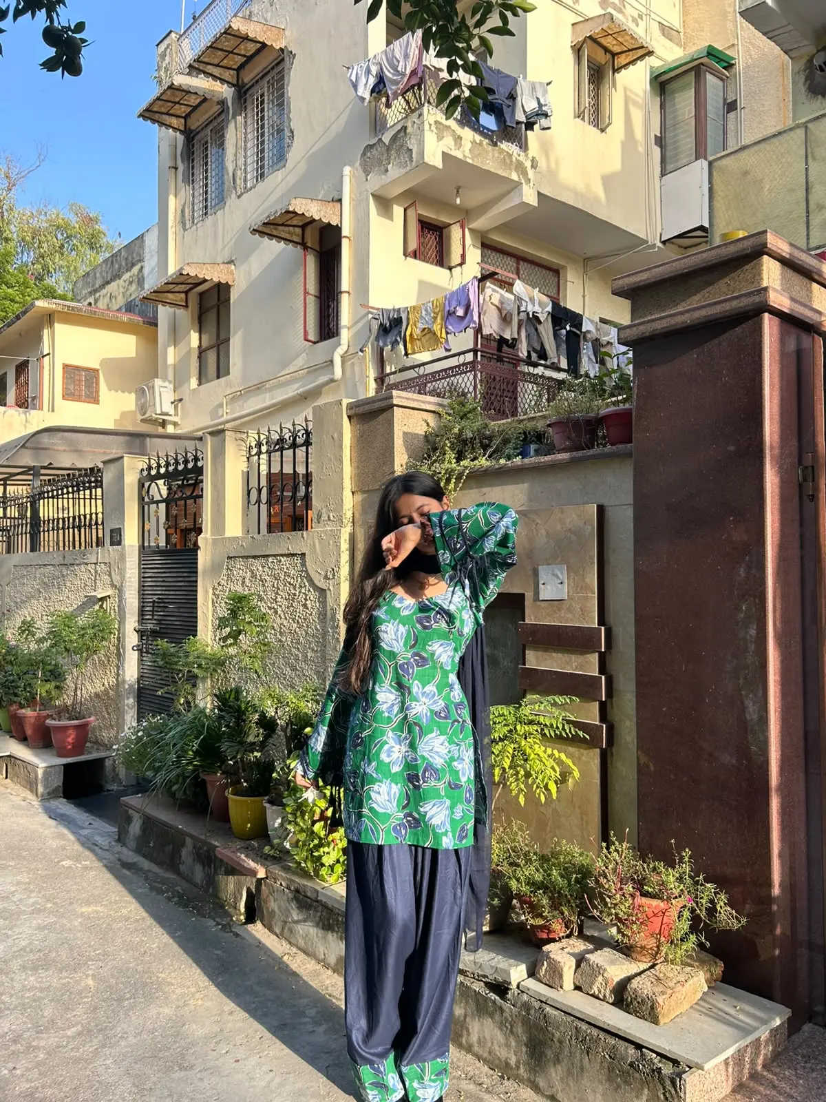1 Saanjh Green Floral Cotton Farshi Suit Set with Dupatta